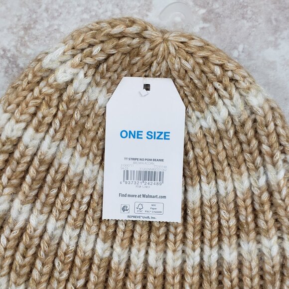 Beanie Brown Acorn Cuffed Fleece Lined No Pom Striped Toboggan Time & Tru OS - Picture 4 of 7